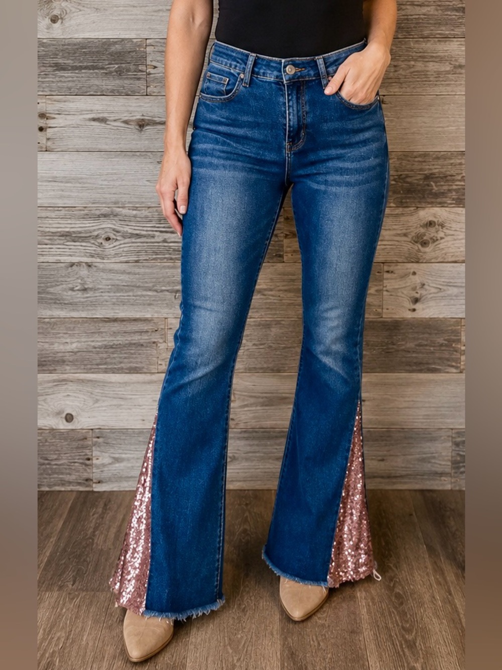 Lucky & Blessed Dark Blue Flare Jeans with Rose Gold Sequin Panels